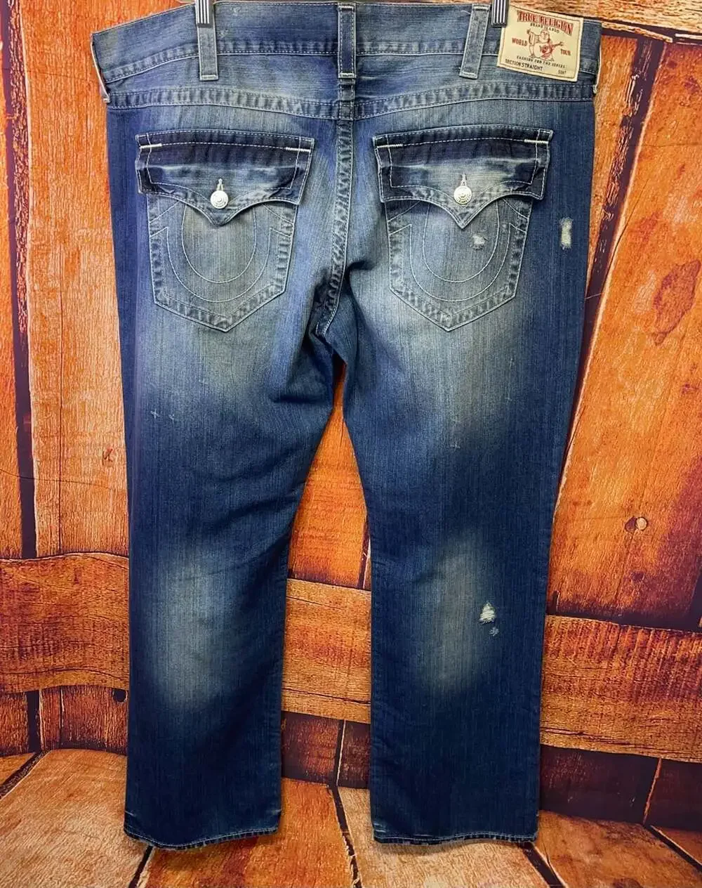 True Religion World Tour Section Straight Distressed Denim Jeans Sz 44 x 34
